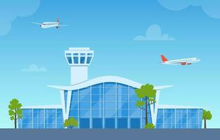 Airport building with flying airplane over tower. Airport terminal facade. Panorama exterior of architecture construction for trips and travels, tourists. Vector illustration.