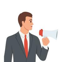 Business shout out, speaking out loud to communicate with co-worker or draw attention and announce promotion concept, confidence young businessman using megaphone speak out loud to be heard in public. vector