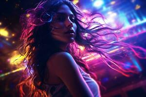 retrato de joven hermosa mujer bailando en noche club con luces. ai generado foto