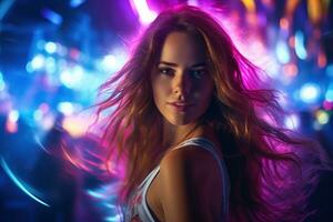 retrato de joven hermosa mujer bailando en noche club con luces. ai generado foto