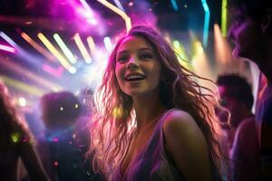 retrato de joven hermosa mujer bailando en noche club con luces. ai generado foto