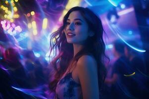 retrato de joven hermosa mujer bailando en noche club con luces. ai generado foto