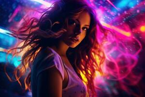 Portrait of young beautiful woman dancing in night club with lights. AI generated photo