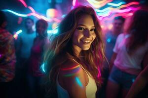 retrato de joven hermosa mujer bailando en noche club con luces. ai generado foto