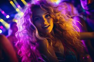 Portrait of young beautiful woman dancing in night club with lights. AI generated photo