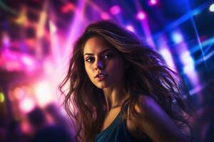 retrato de joven hermosa mujer bailando en noche club con luces. ai generado foto