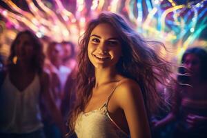 Portrait of young beautiful woman dancing in night club with lights. AI generated photo