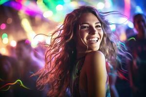 retrato de joven hermosa mujer bailando en noche club con luces. ai generado foto