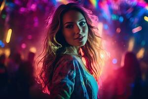 retrato de joven hermosa mujer bailando en noche club con luces. ai generado foto