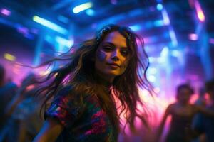 retrato de joven hermosa mujer bailando en noche club con luces. ai generado foto