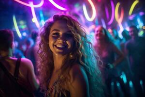 retrato de joven hermosa mujer bailando en noche club con luces. ai generado foto