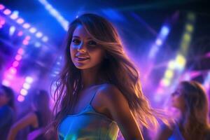 Portrait of young beautiful woman dancing in night club with lights. AI generated photo