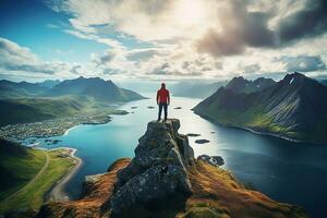 Man standing on the top of a mountain and enjoying the view AI generated photo