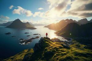 Man standing on the top of a mountain and enjoying the view AI generated photo