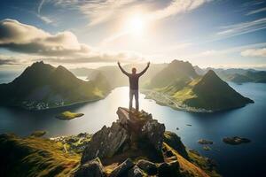 Man standing on the top of a mountain and enjoying the view AI generated photo