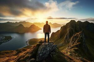 Man standing on the top of a mountain and enjoying the view AI generated photo