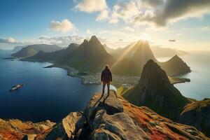 hombre en pie en el parte superior de un montaña y disfrutando el ver ai generado foto