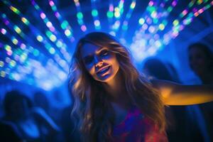 retrato de joven hermosa mujer bailando en noche club con luces. ai generado foto