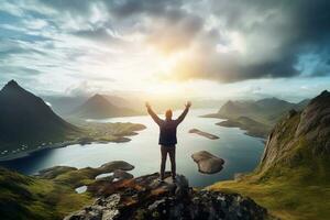Man standing on the top of a mountain and enjoying the view AI generated photo