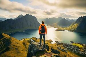 Man standing on the top of a mountain and enjoying the view AI generated photo