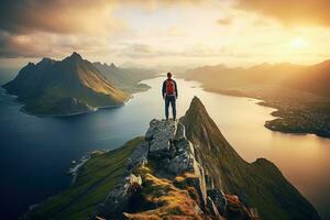 hombre en pie en el parte superior de un montaña y disfrutando el ver ai generado foto