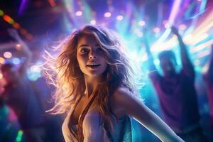 retrato de joven hermosa mujer bailando en noche club con luces. ai generado foto