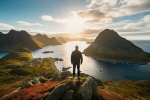 Man standing on the top of a mountain and enjoying the view AI generated photo