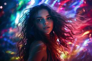 retrato de joven hermosa mujer bailando en noche club con luces. ai generado foto