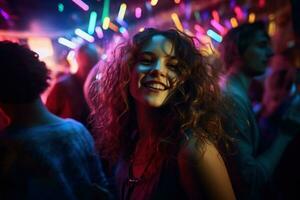 retrato de joven hermosa mujer bailando en noche club con luces. ai generado foto