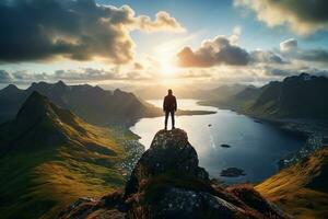 Man standing on the top of a mountain and enjoying the view AI generated photo