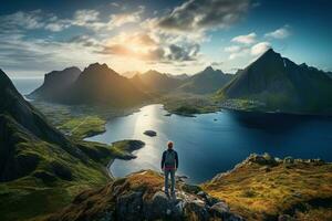 Man standing on the top of a mountain and enjoying the view AI generated photo