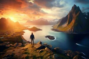 Man standing on the top of a mountain and enjoying the view AI generated photo