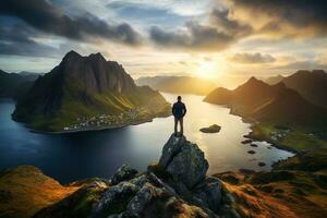 Man standing on the top of a mountain and enjoying the view AI generated photo
