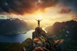 Man standing on the top of a mountain and enjoying the view AI generated photo