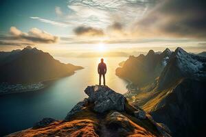 hombre en pie en el parte superior de un montaña y disfrutando el ver ai generado foto