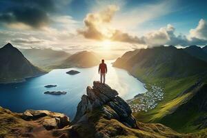 Man standing on the top of a mountain and enjoying the view AI generated photo