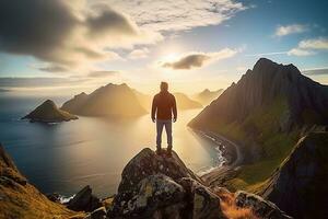 Man standing on the top of a mountain and enjoying the view AI generated photo