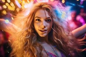 Portrait of young beautiful woman dancing in night club with lights. AI generated photo