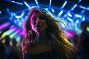 Portrait of young beautiful woman dancing in night club with lights. AI generated photo
