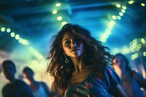 retrato de joven hermosa mujer bailando en noche club con luces. ai generado foto