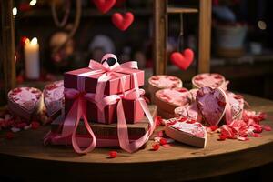 Gift boxes and hearts on wooden table. Valentine's Day background AI generated photo