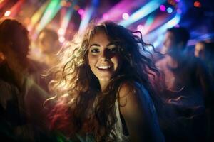 retrato de joven hermosa mujer bailando en noche club con luces. ai generado foto