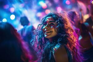 retrato de joven hermosa mujer bailando en noche club con luces. ai generado foto