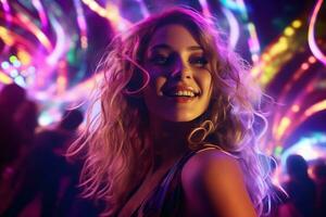 retrato de joven hermosa mujer bailando en noche club con luces. ai generado foto