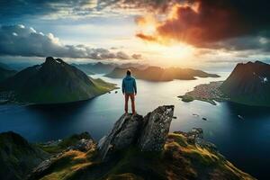 hombre en pie en el parte superior de un montaña y disfrutando el ver ai generado foto