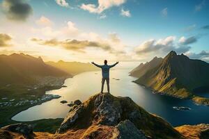 Man standing on the top of a mountain and enjoying the view AI generated photo