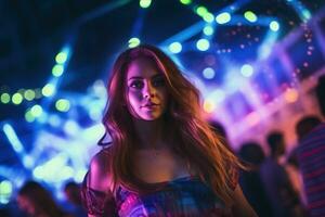 retrato de joven hermosa mujer bailando en noche club con luces. ai generado foto