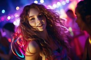 retrato de joven hermosa mujer bailando en noche club con luces. ai generado foto