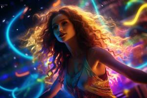 Portrait of young beautiful woman dancing in night club with lights. AI generated photo