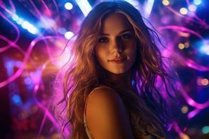 Portrait of young beautiful woman dancing in night club with lights. AI generated photo